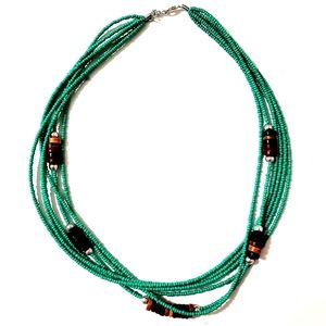 GREEN MULTI STRAND SEEDBEAD WOODEN CHOKER NECKLACE